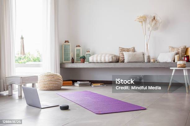 Interior View Of Living Room Stock Photo - Download Image Now - Exercise Mat, Yoga, Domestic Room