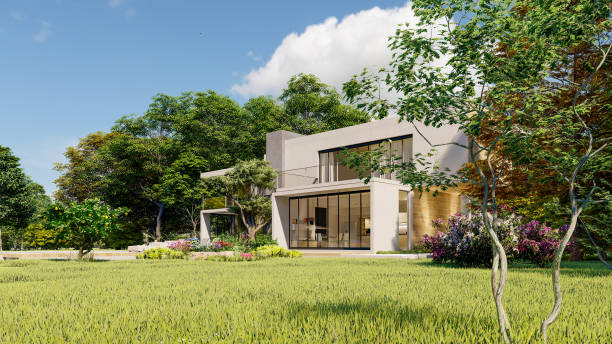 istock Big contemporary villa with pool, side view 1288619733