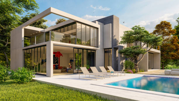 istock Big contemporary villa with pool, living room view 1288619781