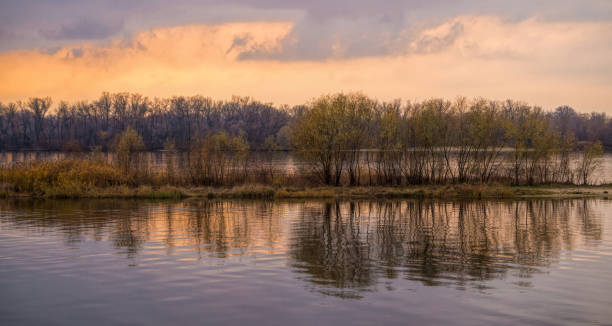 istock Island on the river in winter. Cold sunrise 1288620177
