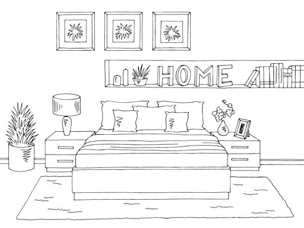 침실 그래픽 블랙 화이트 홈 인테리어 스케치 일러스트 벡터 - symbol home interior furniture pillow stock illustrations