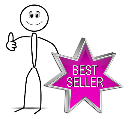 stickman with purple bestseller button - 3D illustration