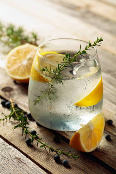 istock Alcohol drink (gin tonic cocktail) with lemon, juniper branch, and ice on rustic wooden table. 1288624243