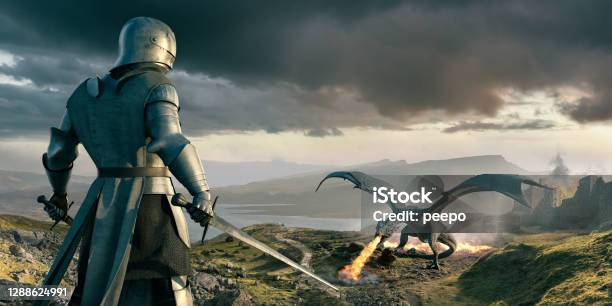 Knight Looks Down On Huge Dragon Breathing Fire Near Castle Stock Photo - Download Image Now