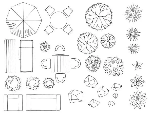 Vector illustration of Landscape architect design element set graphic black white top sketch aerial view isolated illustration vector