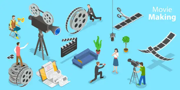 Vector illustration of 3D Isometric Vector Conceptual Illustration of Movie Making Process.