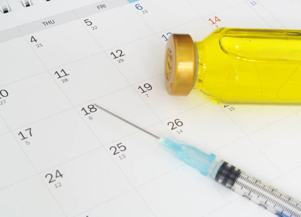 istock Vaccine vial and syringe on calendar. 1288628996
