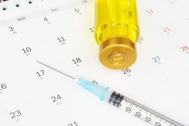 istock Vaccine vial and syringe on calendar. 1288629167