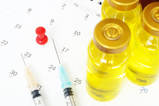 istock Vaccine bottles, push pin and syringes on calendar. 1288629356