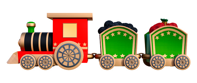 3D rendering of a childrens toy wooden train with gifts isolated on white background
