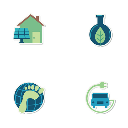 Flat design set of environmental icons. File was built in CMYK. Comes with a solar powered house, a research flask with leaf, carbon footprint globe, and an electric car.