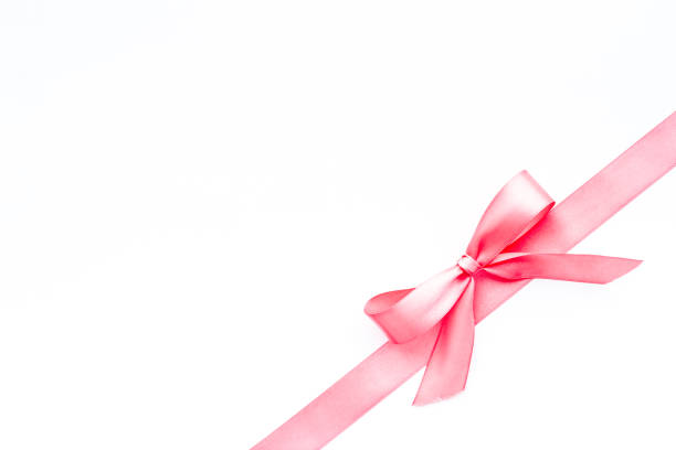 istock Pink ribbon with bow isolated on white for gift box. Top view, copy space 1288635923