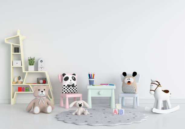 istock Table and chair in white child room for mockup, 3D rendering 1288637372