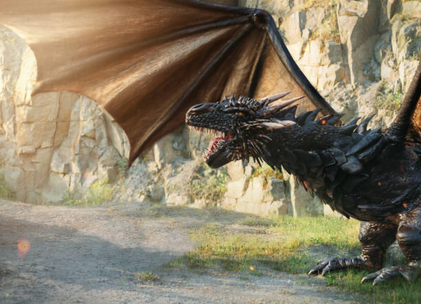 istock aggressive mystical dragon with big strong wings and powerful paws opens terrible mouth with sharp teeth. Enlarged dragon model post-processing, background to create collages. 1288637704