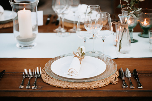 Beautiful Boho Wedding Table Decoration on a wooden table in Majorca, selective focus