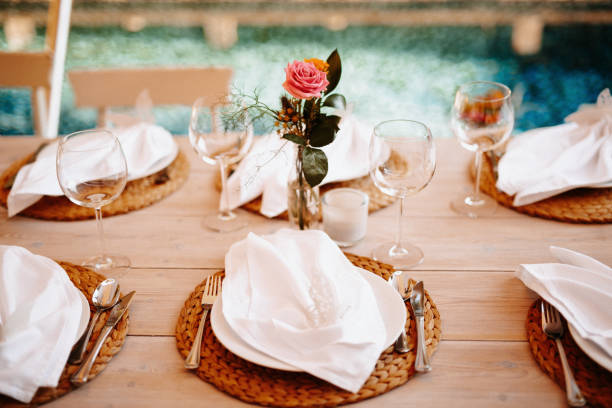 istock Beautiful Boho Wedding Table Decoration with the swimming pool in the background in Majorca 1288637986