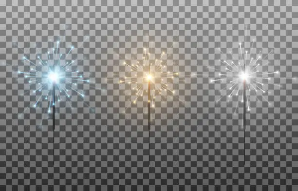 Vector illustration of Vector set of multicolored sparklers. Bengal lights  sparks, fireworks. Flash a lawsuit, burning lights. Christmas lights.