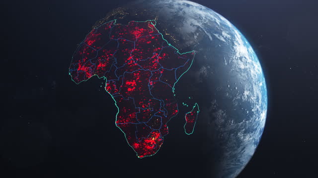 Coronavirus spreading in Africa. Earth seen from space, covered with red, pulsing dots of first cases