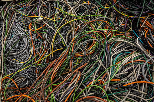 Multi-colored electrical wires. Abstract technological background texture