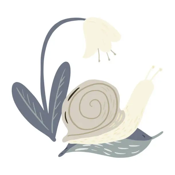 Vector illustration of Composition snail on leaf with flower on white background. Funny cartoon character in doodle style.