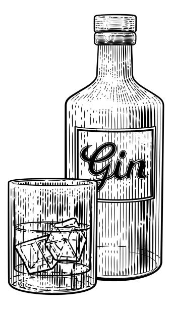 gin flasche glas und eis vintage radierung stil - tonic water stock-grafiken, -clipart, -cartoons und -symbole