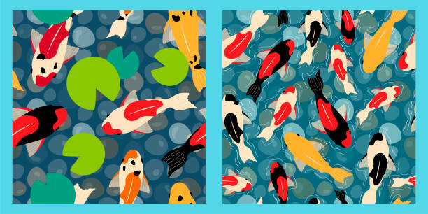swimming carps in the pond set of two seamless patterns with koi carp fish, water lilies and pebbles in a pond. colorful fish. Modern abstract design for background, packaging paper, cover, fabric, card bottom the weaver stock illustrations