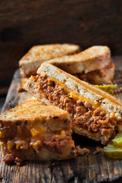 Sloppy Joe Grilled Cheese Sandwiches with Sweet Pickles Sloppy Joe Grilled Cheese Sandwiches with Sweet Pickles sloppy joes stock pictures, royalty-free photos & images