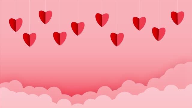 Bewegungsgrafik von rotem Herz Papier geschnitten hüpfen mit rosa Wolke auf rosa Hintergrund für Valentinstag Festival der Liebe