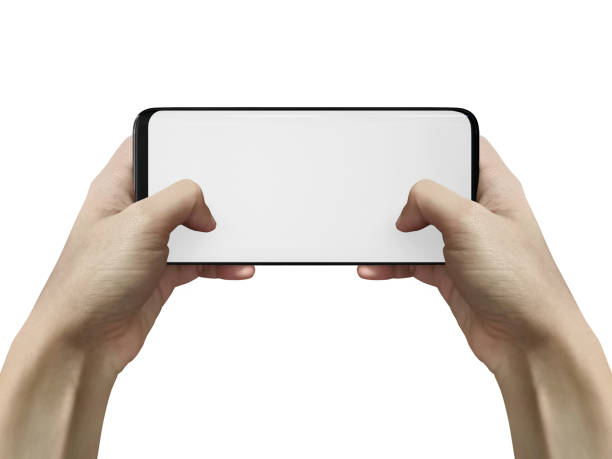istock Play game on mobile phone isolated scene for mockup. Phone in hands, horizontal position. 1288654243