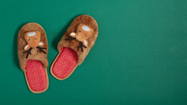 Cozy Christmas slippers on modern green background top view.