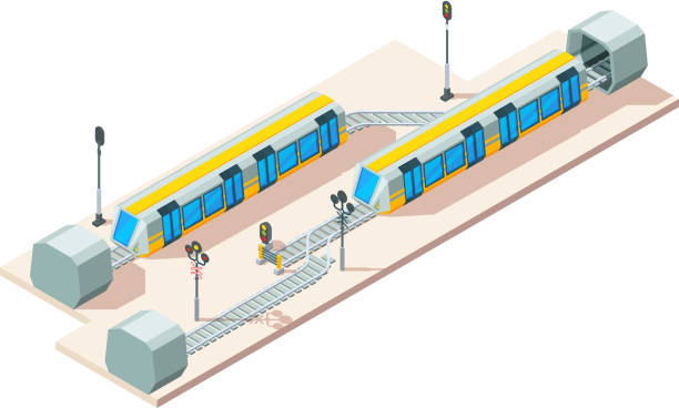 на железнодорожном узле. поезд железных дорог бизнес-транспортной компании вектор изометрической концепции - isometric road intersection land vehicle street stock illustrations