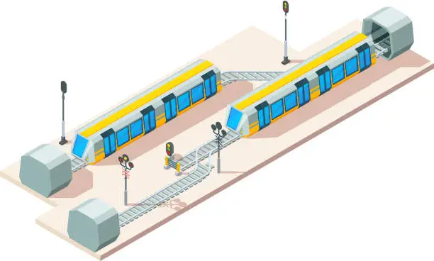 Vector illustration of Railway junction. Train railroads business transportation company vector isometric concept