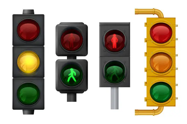 Vector illustration of Traffic lights realistic. Urban light objects on road vector signs for transport