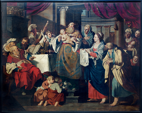 Leuven - The baroque painting of Presentation of Jesus in the Temple scene in st. Peters gothic cathedral.