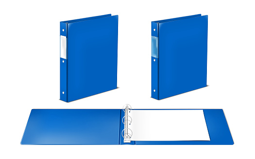 Blue plastic three ring binder file folder with label pocket - open and closed. Vector template for design. Easy to recolor.