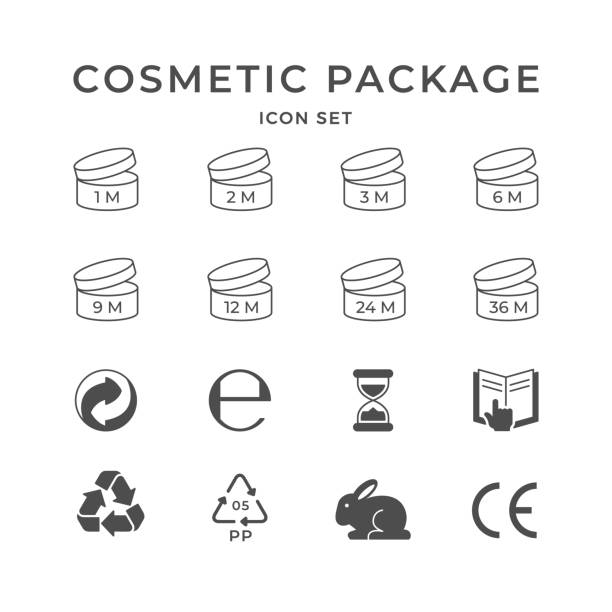 Set icons of cosmetic package Set icons of cosmetic package isolated on white. Period after opening or PAO symbol. Recycling or reuse sign. Vector illustration furniture instructions stock illustrations