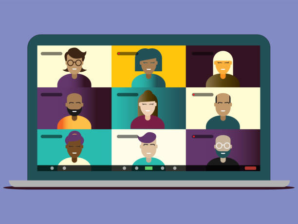 ilustrações de stock, clip art, desenhos animados e ícones de illustration of video conference screen for a multi-ethnic group of friends or colleagues on a macbook laptop screen with software overlay for diverse working from home during lockdown - macbook