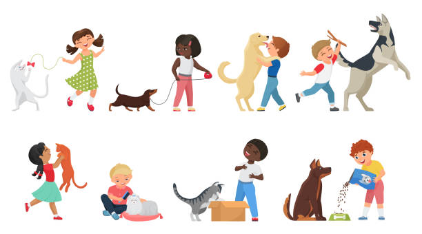 Happy pet owner kids play with own animals together set Happy kids play and walk with animals vector illustration set. Cartoon funny child and cute cat or dog playing together, pet owner girl and boy feeding and taking care own animal isolated on white animals feeding stock illustrations
