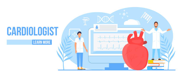 ilustraciones, imágenes clip art, dibujos animados e iconos de stock de vector de concepto cardiólogo. ilustración de la hipotensión y la enfermedad de la hipertensión para la página principal de cardiología. síntomas, prevención de la presión arterial. los médicos diminutos tratan el corazón. - hypo