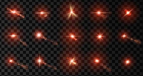 Set of lens flare. Light glow effect. Red sparkle and glare object. Isolated vector illustration on transparent background.