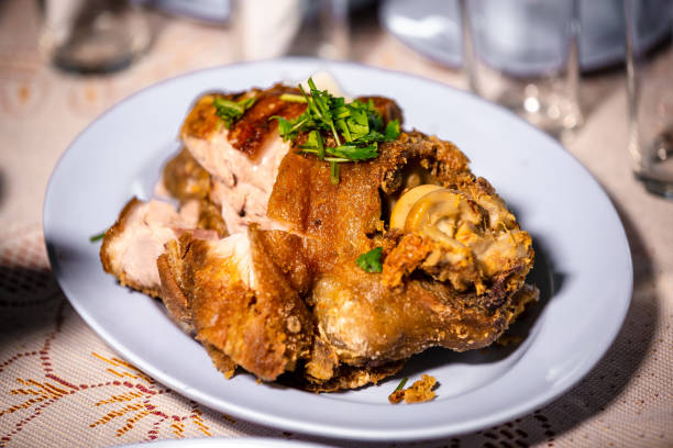 pork hock in german with sauces delicious food. deep fried pork knuckle ,thai style serve with seafood sauce. - shank sauerkraut german cuisine pork imagens e fotografias de stock