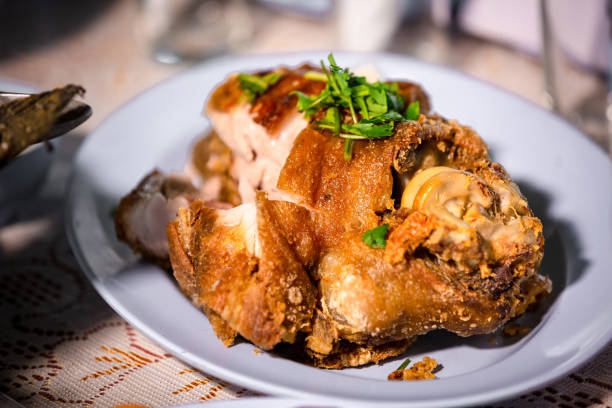 pork hock in german with sauces delicious food. deep fried pork knuckle ,thai style serve with seafood sauce. - shank sauerkraut german cuisine pork imagens e fotografias de stock