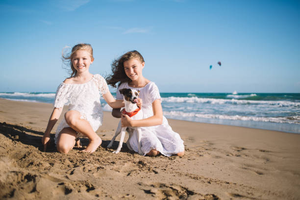 istock Cheerful girls with dog resting on beach 1288663317