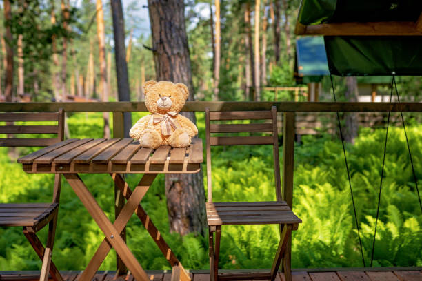 istock Teddy bear on the table in glamping site 1288664105