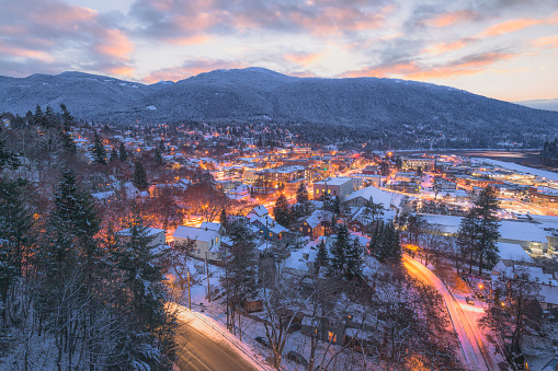 A beautiful wintery view over Nelson, B.C. from Gyro Park at sunset
