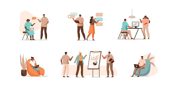 Business People in Office. Colleagues Meeting, Brainstorming, Discussing Together. Characters Group Team Working and Achieving Business Goals. Teamwork Concept. Flat Cartoon Vector Illustration.