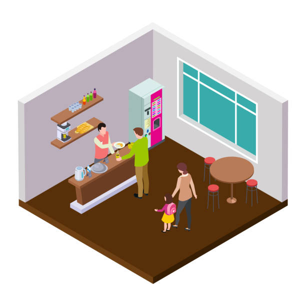 ilustraciones, imágenes clip art, dibujos animados e iconos de stock de pequeño café cafetería o tienda isométrica vector interior - isometric people cafe coffee shop