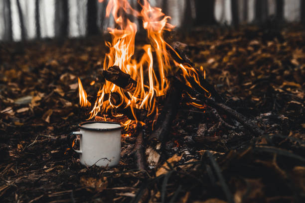 istock Making coffee at the stake. Make coffee or tea on the fire of nature. Burned fire. A place for fire. 1288667414