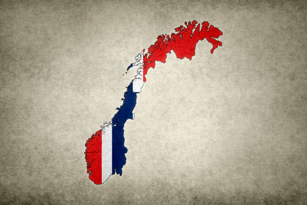 Grunge map of Norway with its flag printed within its border on an old paper.