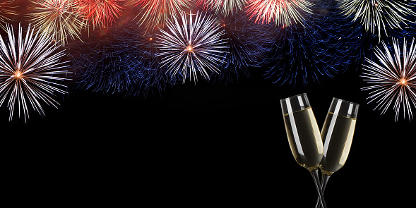 Christmas background, glasses of champagne and fireworks on a black background. New Year concept, idea, texture